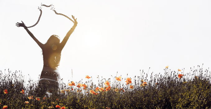 a woman breaking through symbolic chains barriers, with an expression of determination and hope.